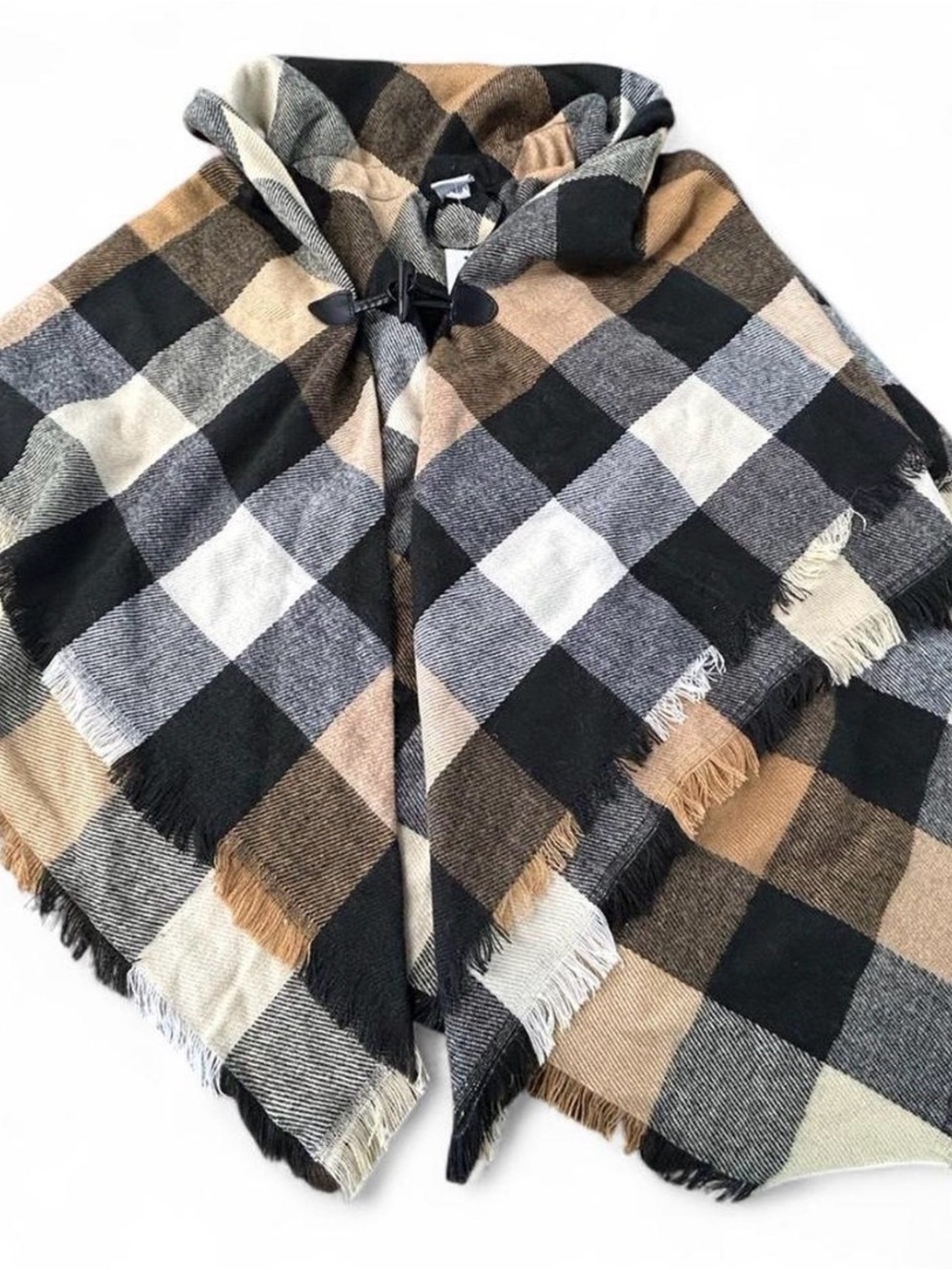 Kohl's Black, Cream & Tan Plaid Hooded Poncho with Toggle